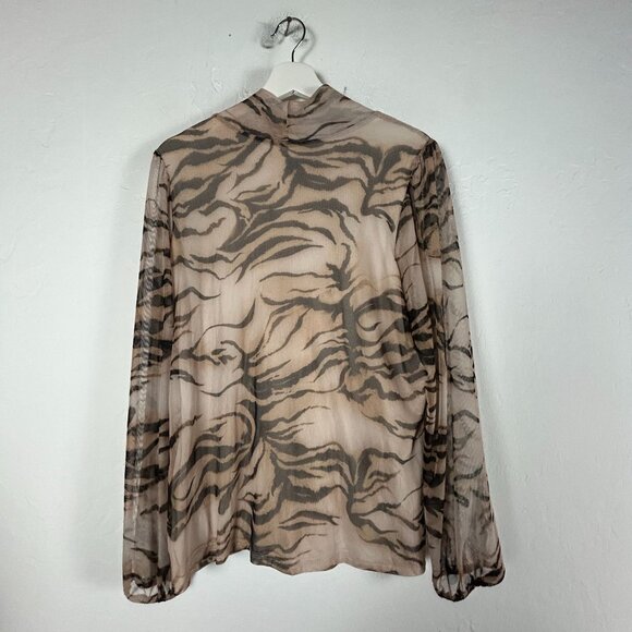 Chico's Womens Sheer Long Sleeve Tiger Print Mock Neck Blouse Top Large Brown - Picture 2 of 8